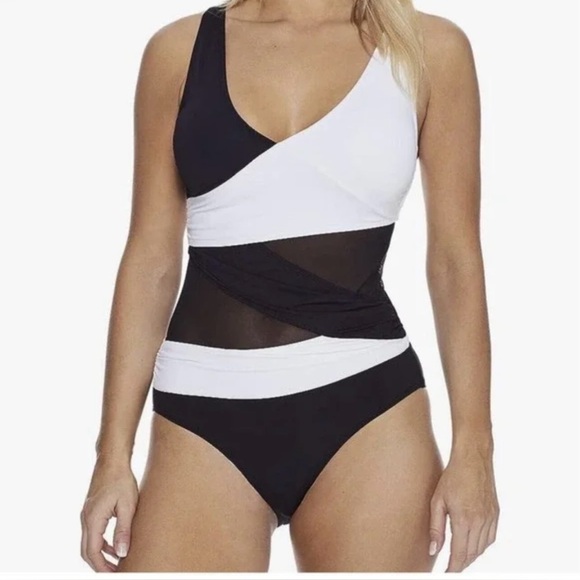 Women's Asymmetrical Padded Balck & White Mesh Insert OnePiece Swimsuit - Picture 1 of 7